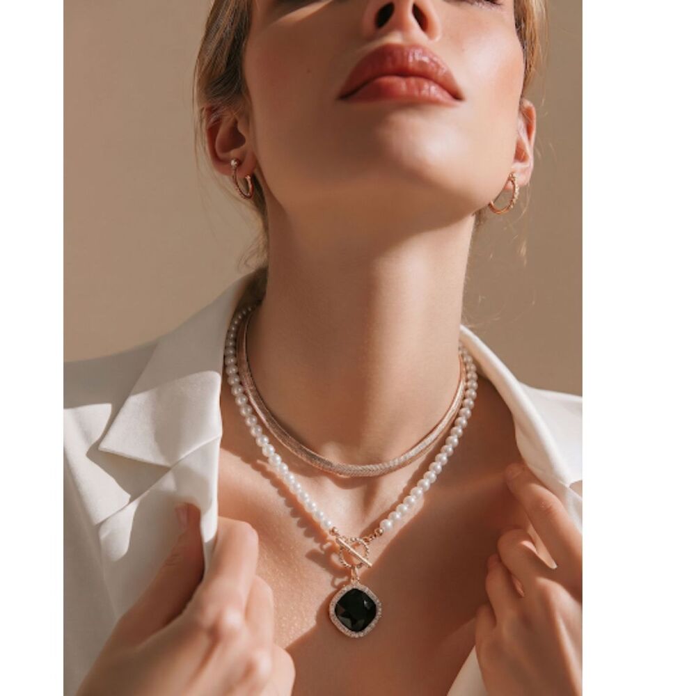 Gold Layered Necklace with Black Rhinestone Pendant